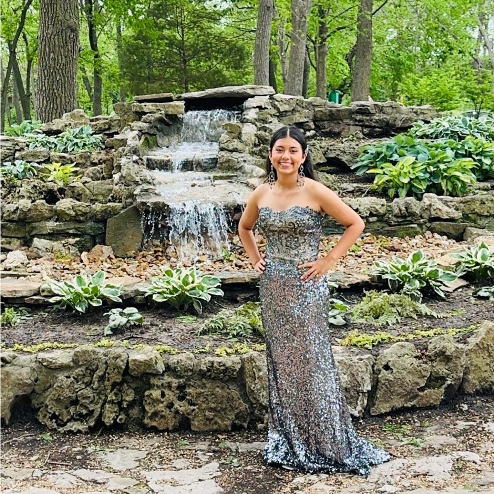 Silver Sequin Strapless Evening Gown